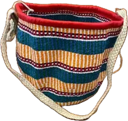 A woven kiondo with a red rim and teal and ochre stripes, the shop's logo.
